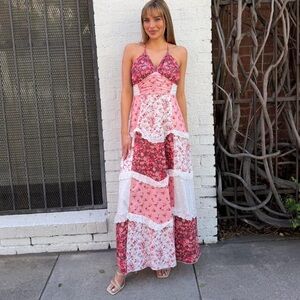 Pink floral maxi dress with lace trim and ruffle details sz s #fairycore
